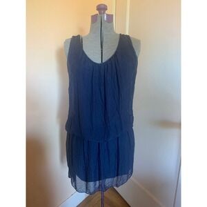 Pura Seta Italy Navy Blue 100% Silk Blouson Mini Dress Sleeveless Boho Vacation